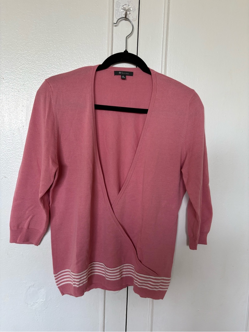 Talbots Rose Pink Wrap V-Neck Sweater with White Stripe Hem.